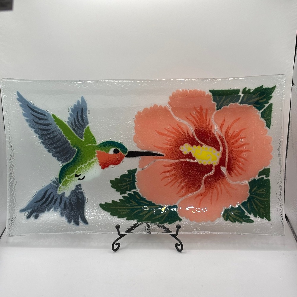 Peggy Karr Glass Hummingbird Hibiscus Rectangular Decorative Platter Tray 13.5"